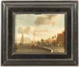 Promeneurs sur le quai d’un port hollandais by Abraham Jansz Storck, Toile marouflée sur panneau, rogné à gauche, sold Nov 2024
