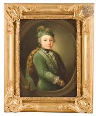 Portrait de Charles Joseph de Calvière peint à l’âge de 7 ans en costume de capitaine de la compagnie d’enfant d’honneur de monseigneur le prince de Conti by Jean-Martial Frédou, Toile, sold Nov 2024