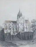 Vue de l'église de Saint-Leu Taverny (Seine-et-Oise) by Félix Thorigny, 1851, Mine de plomb, fusain et aquarelle, sold Apr 2022