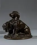 Chiens Basset : Ravageot et Ravageole Modèle créé en 1853 by Emmanuel Frémiet, Bronze à patine brune, sold Mar 2022