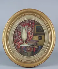 Vue d'un intérieur, urne et livres sur une encoignure by Pascal Blanchard, Aquarelle ovale, sold Feb 2022
