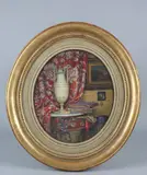 Vue d'un intérieur, urne et livres sur une encoignure by Pascal Blanchard, Aquarelle ovale, sold Feb 2022
