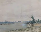 Bords de fleuve animés en Italie by Paul Frédéric Léo Coulon, Aquarelle, sold Feb 2022