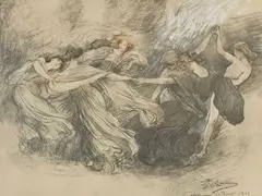 Étude pour la Ronde 1905 by Paul Albert Laurens, Aquarelle, plume, fusain et gouache, sur fond d'impression, sold Dec 2021