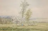 Bergère et son troupeau au pied d'un arbre by Paul Frédéric Léo Coulon, Aquarelle, sold Dec 2021