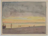 Plage animée au coucher de soleil by Tony Minartz, Aquarelle, sold Dec 2021