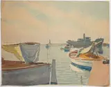Barques au mouillage, phare dans le fond, Côte d'Azur by Tony Minartz, Aquarelle, sold Dec 2021
