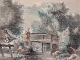 Deux enfants et un chien devant un ruisseau traversé par un pont by Jean-Baptiste Le Prince, Plume et aquarelle, sold Oct 2019