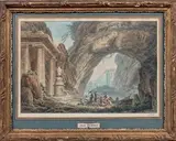 Groupe de personnages devant un arc naturel et des ruines by Jean Alexandre Pernet, Plume et aquarelle, sold Oct 2019