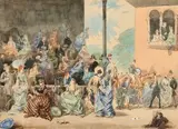 Aux courses by Pierre Gavarni, 1872, Aquarelle, rehaussée de gouache blanche, sold Apr 2019
