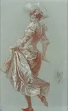 Jeune femme en costume de Comédie by Jules Chéret, Sanguine et craie blanche, sold May 2019
