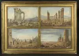 Portion de la grande galerie à Palmyre (Syrie ancienne) Temple de Neptune à Palmyre Mausolée près de Palmyre Tombeau près de Palmyre Quatre dessins sur un même by Louis-François Cassas, Aquarelle, plume et encre brune, sur traits de crayon noir sur papier marouflées sur toile, sold Apr 2024