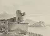 Vue animée de la tour de Saint-Symphorien d'Ozon by Victor-Jean Nicolle, Plume et encre noire, lavis gris sur traits de crayon noir, sold Apr 2024