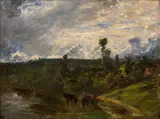 Paysan et son troupeau dans un paysage by Paul Huet, Panneau, une planche, non parqueté, sold Mar 2024
