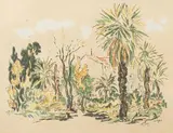 Sans titre by Paul Louis Guilbert, Eau-forte originale représentant un jardin exotique entourant une maison Lithographie en c, sold Jul 2024