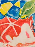 Sans titre [Femme allongée au parasol orange] by Édouard Pignon, 1972, Aquarelle et mine de plomb sur papier, sold Jun 2024