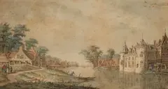 Paysage au château le long d’une rivière by Dirk Verrijk, Plume et encre brune, aquarelle, sold Jun 2021