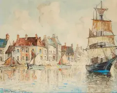 Voilier dans le port d'Isigny by Frank-Will, Aquarelle signée en bas à gauche, sold Jun 2021