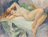 Nu allongé by Yves Dieÿ, Mine de plomb et aquarelle sur papier, sold Apr 2023