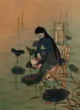 Jeune femme et nénuphars by Van Minh Nguyen, Panneau en laque polychrome, sold Apr 2023