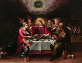 Le repas de la Sainte Famille servi par les anges by Frans Francken Ii., Panneau de chêne, deux planches, non parqueté, sold Nov 2019