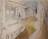 La cabine du yacht, décor pour La Fleur de l'âge by Sándor Trauner, vers 1947, Encre sur papier rehaussée de gouache et d'aquarelle, sold Oct 2019