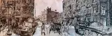 La nuit des généraux (Anatole Litvak). L'arrivée des troupes ou Rue sous la neige by Sándor Trauner, Encre et gouache sur papier, sold Oct 2019
