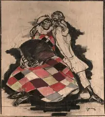 Arlequin et Colombine, singerie by Drian, Fusain et pastel, sold Jun 2019