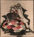 Arlequin et Colombine, singerie by Drian, Fusain et pastel, sold Jun 2019