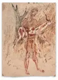 Homme aux animaux by Simon Hantaï, Aquarelle gouachée sur papier beige Au verso une étude de personnage à l'aquarelle, sold Jun 2019