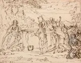Jésus et la Samaritaine by Giacinto Calandrucci, Plume et encre brune sur traits de crayon noir, traces de gouache blanche, sold Jul 2023