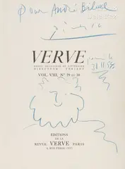 Dédicace à André Bibal sur la page de garde du catalogue de l’exposition « Suite de 100 dessins de Picasso » publié dans le double numéro de la revue Verve, Vol by Pablo Picasso, Crayon bleu sur papier, sold Jun 2023