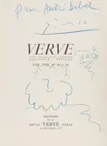 Dédicace à André Bibal sur la page de garde du catalogue de l’exposition « Suite de 100 dessins de Picasso » publié dans le double numéro de la revue Verve, Vol by Pablo Picasso, Crayon bleu sur papier, sold Jun 2023