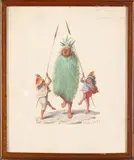 Personnage en costume entouré de deux enfants avec lance by Joaquín Pinto, 1890, Gouache sur papier signée et datée en bas à droite, sold Jun 2023