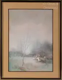 Maisons dans une clairière by Alferio Maugeri, Pastel sur papier, sold May 2023