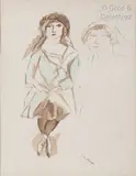 Femme assise et esquisse d'une tête de femme by Jules Pascin, Encre et aquarelle sur papier, sold May 2023