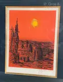 Paysage de ruines sur fond rouge by Jean Carzou, 1974, Lithographie signée et datée en bas à droite numérotée, sold May 2023