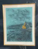 Chapelle sur la côté sur fond bleu by Jean Carzou, Lithographie signée et datée en bas à droite numérotée, sold May 2023