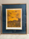 Paysage montagneux sur fond jaune by Jean Carzou, Lithographie signée et datée en bas à droite numérotée, sold May 2023