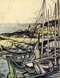 Gaspésie, Barques de pêcheurs by Marc-Aurèle Fortin, Aquarelle et fusain, sold May 2022