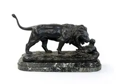 Lion passant by Alfred Barye, Bronze signé Socle en marbre Dim, sold Jul 2025