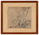 Rochers en forêt by Jules Coignet, Crayon et craie blanche, sold Jul 2025