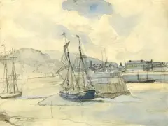 Vue du port d'Honfleur by Johan Jongkind, Aquarelle sur traits de crayon noir, rehauts de gouache blanche, sold Jul 2025