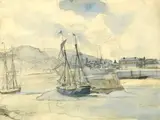 Vue du port d'Honfleur by Johan Jongkind, Aquarelle sur traits de crayon noir, rehauts de gouache blanche, sold Jul 2025