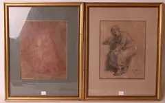 Deux dessins encadrés : - Femme assoupie by Charles Jacques, Sanguine, sold Nov 2021