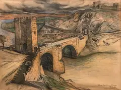 Pont de Toledo by Agustín Carrera, Pastel et crayon sur papier signé et situé en bas à droite, sold Nov 2021