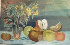 Nature morte aux pommes et bouquet de fleurs by Esther Carp, Aquarelle, sold Jul 2021
