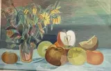 Nature morte aux pommes et bouquet de fleurs by Esther Carp, Aquarelle, sold Jul 2021