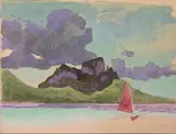 Bora Bora et pirogue à voile by Jacques Boullaire, 1950, Aquarelle, sold Mar 2015
