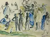Scène de marché et enfants nus by Monique Cras, Aquarelle signée en bas à droite, sold Mar 2015